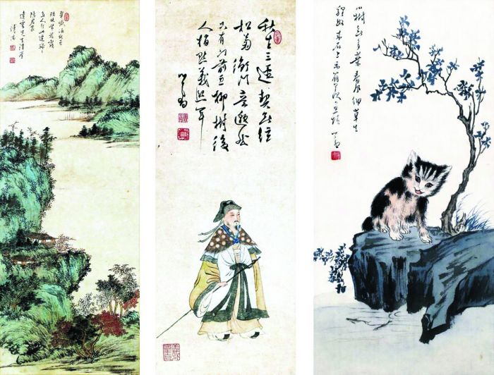 台湾艺术市场“生货”行情瞩目 _溥心畬｜霞林翠巘(左)、五柳先生像(中)、狸奴羨魚(右) -1