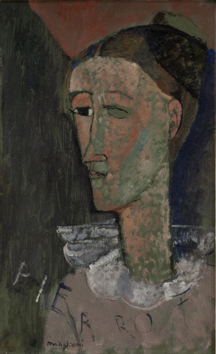 Self-Portrait as Pierrot, 1915, Oil paint on cardboard, 430 x 270 mm, Statens Museum for Kunst, Copenhagen
