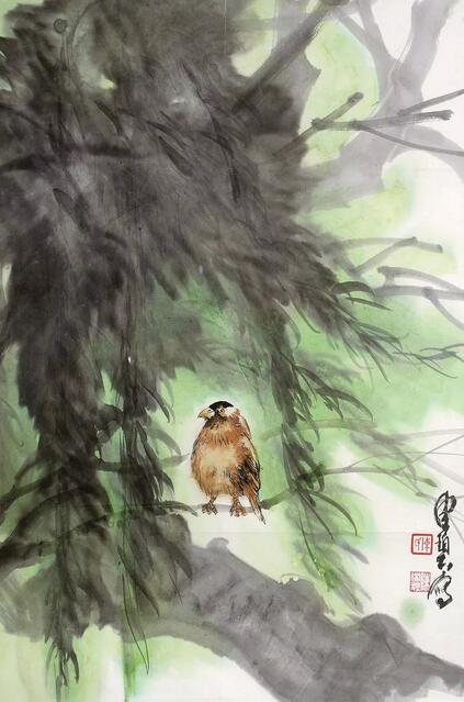 陈佩秋 柳荫珍禽图