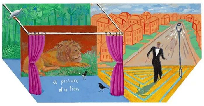 David Hockney,A Picture of a Lion, 2017, Acrylic on canvas, 48 × 96″(hexagonal) © David Hockney, photograph by Richard Schmidt