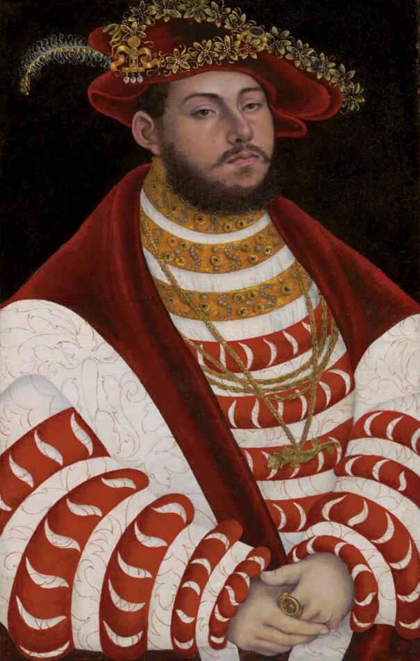 卢卡斯·克拉纳赫一世（Lucas Cranach I，克罗讷赫 1472-1553年 魏玛）《萨克森选帝侯约翰·弗里德里希一世肖像》（1503-1554年），半身像》 62.8 x 39.7 cm. 估价：1,000,000 - 2,000,000美元