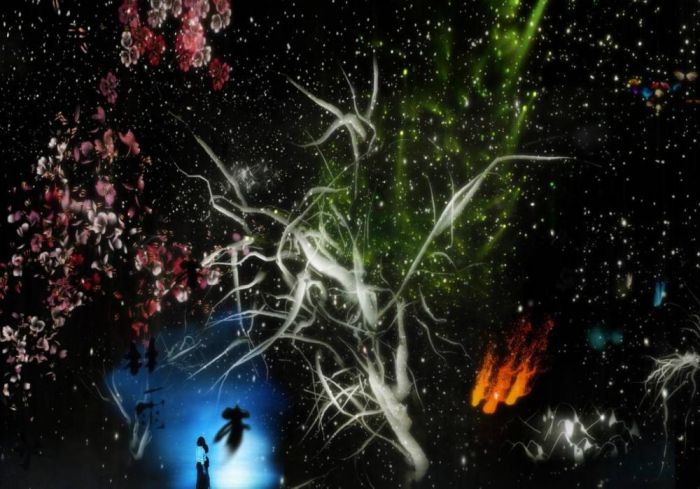 Born From the Darkness a Loving, and Beautiful World Sisyu teamLab, 2018, Interactive Digital Installation, Endless, Calligraphy:Sisyu, Sound: Hideaki Takahashi
