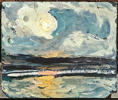 《前海落日》赵文量1960年纸板油画