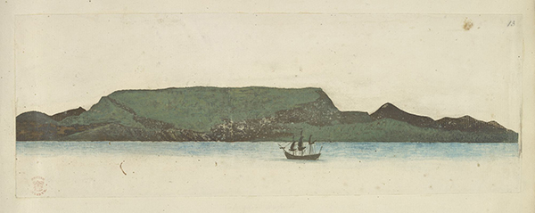 第一次航海旅程，“奋进号”在阿根廷火地岛水域上停泊，随行画师亚历山大·巴肯绘于1769年。