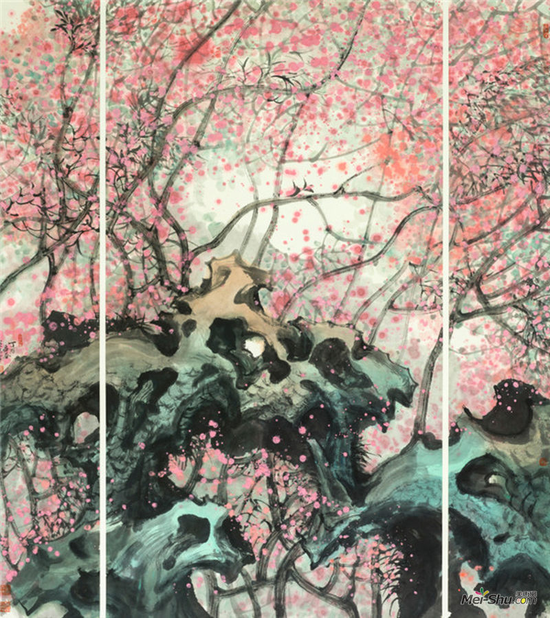 李超德，海棠花开，水墨、纤维综合材料装置艺术作品，尺寸：300135200， 2017