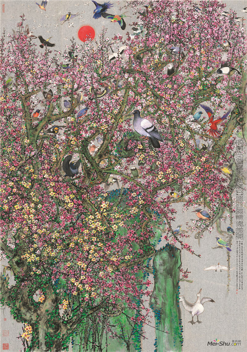萧晖荣 一带一路 鸟鸣花开（四联屏）2016年 200x140cm