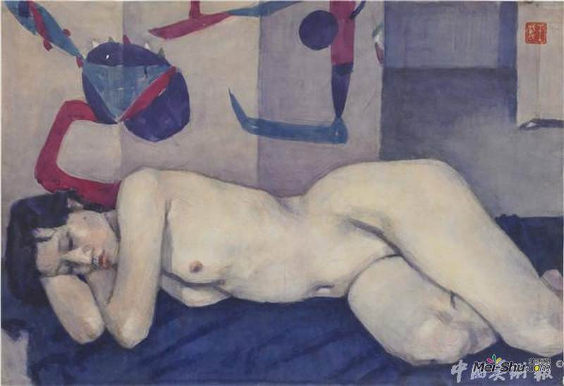 王肇民 《侧卧着的半身女人体 》，2003，纸本，54.3cm×78.8cm