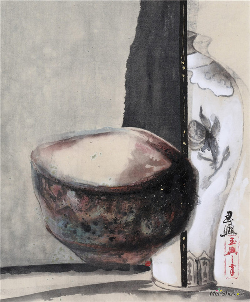 李玉兴《美壶系列·茶》，绢本设色，25×30cm，2017年