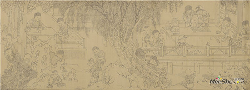 苑鸣鑫，《乐园》绢本设色 50cmX200cmX3 2017