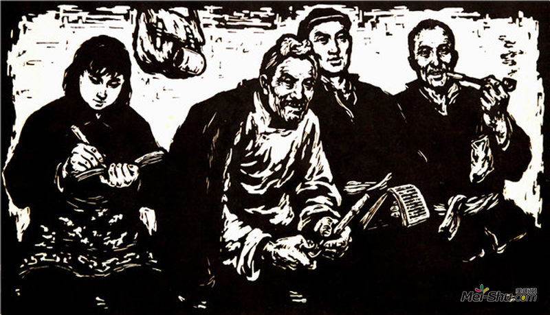 李习勤《社干会上》版画41×70cm 1962年