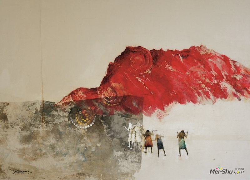 《跨越》， 墨，油彩，宣纸，布面， 91 x 132 cm，2016年