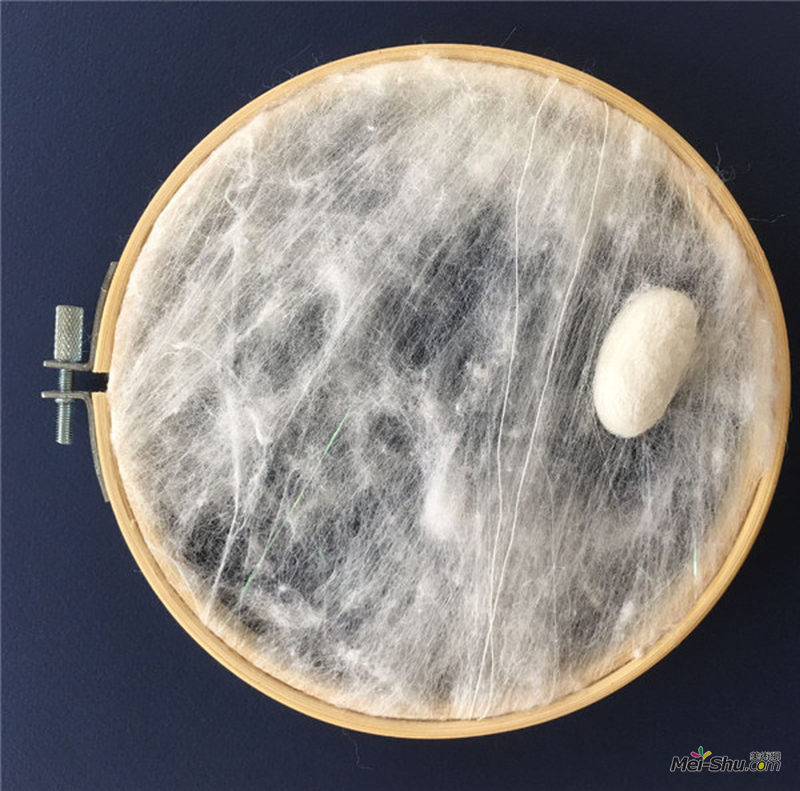 吕越 作品名称 化，竹质绣花绷，蚕茧，闪光丝线，面线，蚕丝。尺寸：5mX7m。2017