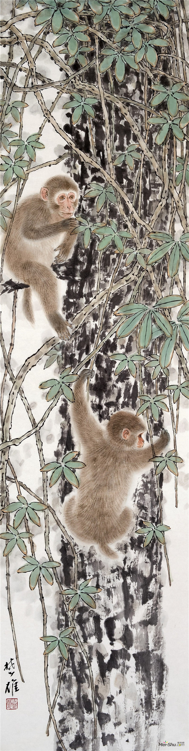 方楚雄《嬉猴》，纸本设色，138x34.5cm，2016