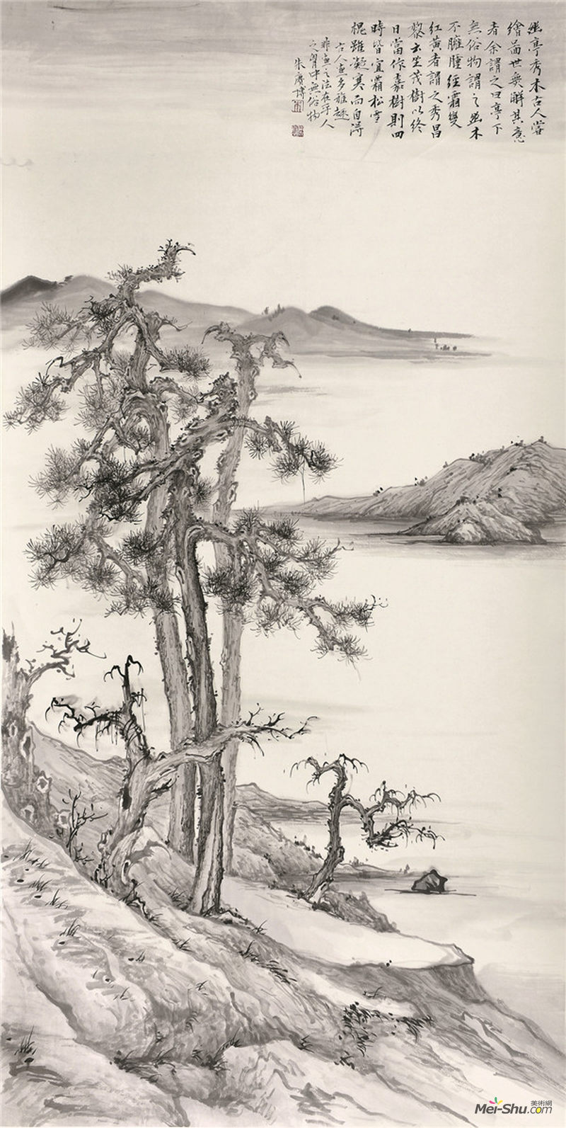 《江岸乔松》 138cmx68cm 纸本水墨 2017年