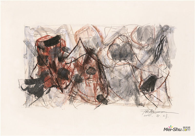山水赋之十七 75×46.5cm 卡纸上色粉笔、水彩、铅笔及蜡纸拼贴等 2015年