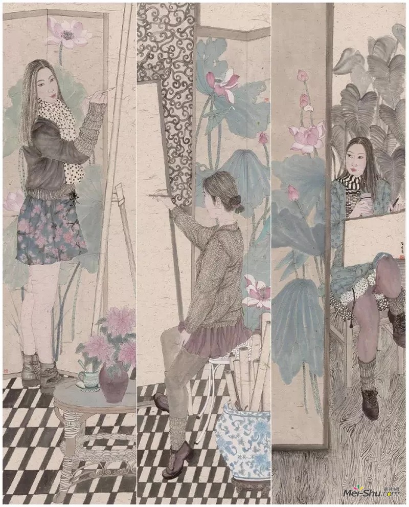 陆彩娟 我的画室生活 纸本设色180x49cm x3 2016