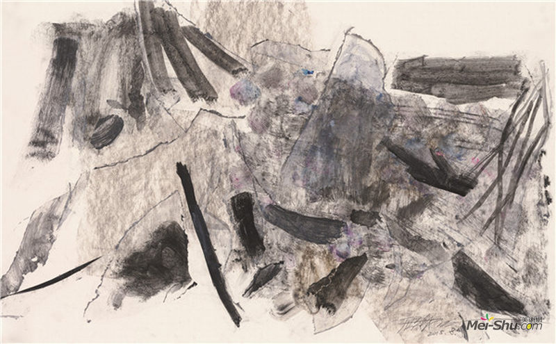 山水赋之七 77×53.5cm 卡纸上色粉笔、水彩、铅笔及蜡纸拼贴等 2015年