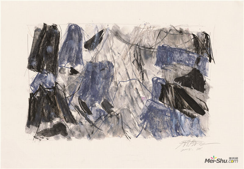 山水赋之十六 75×46.5cm 卡纸上色粉笔、水彩、铅笔及蜡纸拼贴等 2015年