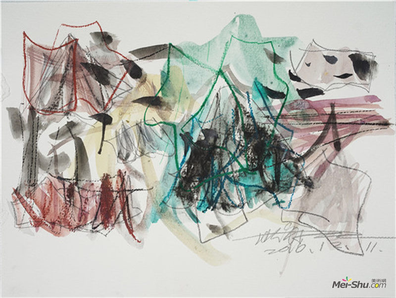 山水赋—NO28（草图） 35×26cm 纸上色粉、铅笔、水彩 2016年