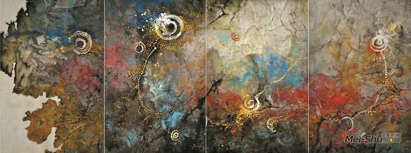 《水洼》， 墨，油彩，宣纸，布面，100 x 272 cm ，2017年