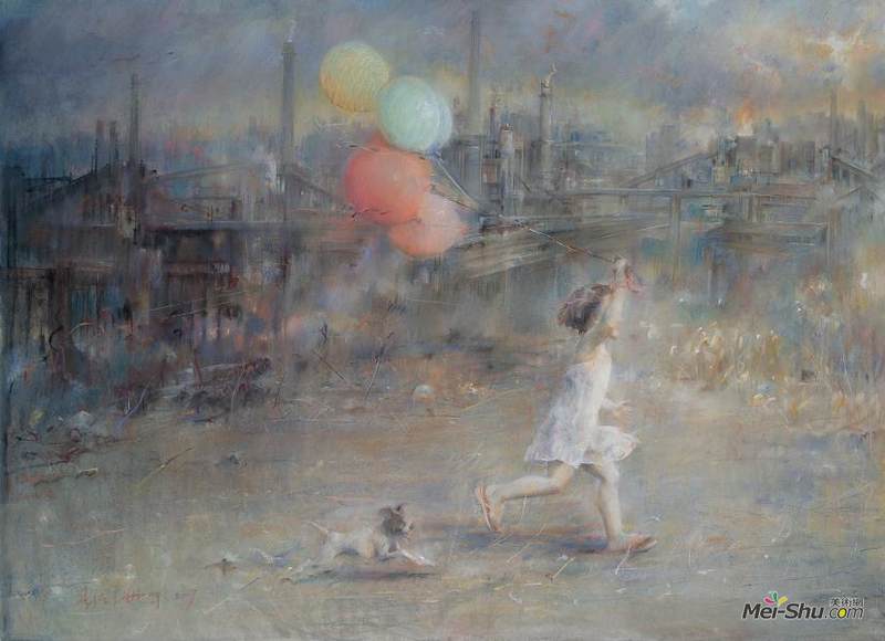 女孩与狗 作者：李强 创作年代：2009 规格：78cm× 110cm 品类：纸本色粉