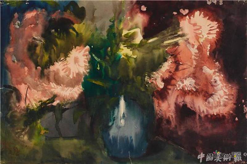 李铁夫 《瓶菊》1933年，水彩，39×54cm
