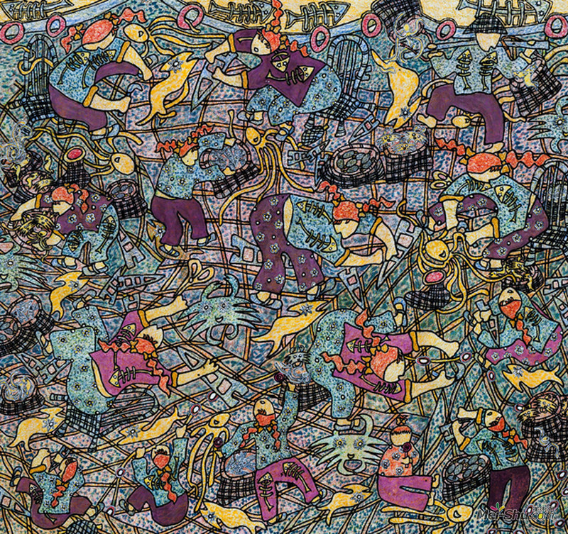 渔姑渔嫂码头忙作者：吴小飞创作年代：2012规格：70×70cm
