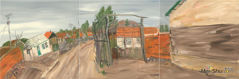 松江村头 赵开坤 2006年 布面油画 210×70cm(三联)