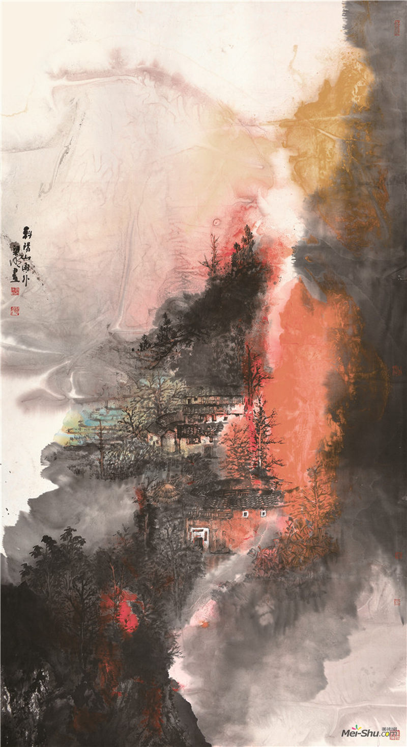 《斜阳山雨外》98x180cm2016年 纸本设色