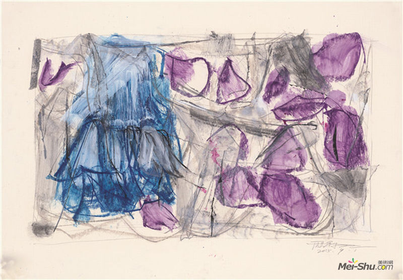 《山水赋之十九》75x52cm，2015年，卡纸上色粉笔、水彩、铅笔及蜡纸拼贴等，