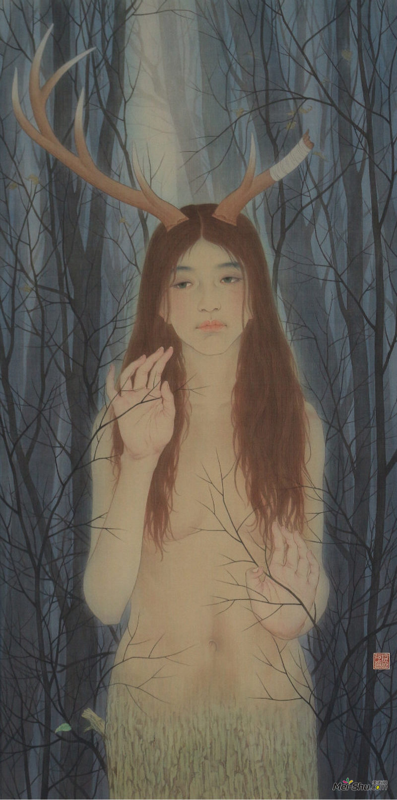 .梁国强《微光 》50x100cm 绢本 2017