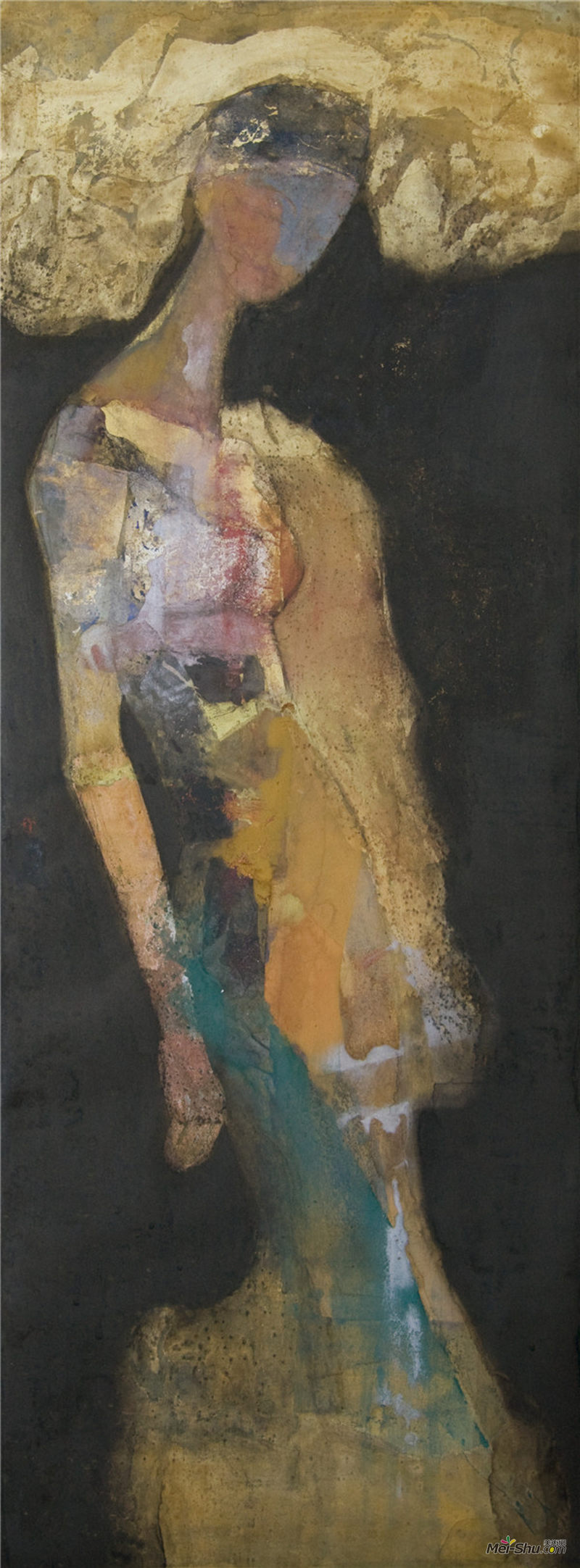 杨洋《灵犀》之一 138cmx52cm 纸本水墨、矿物色、箔 2017年 