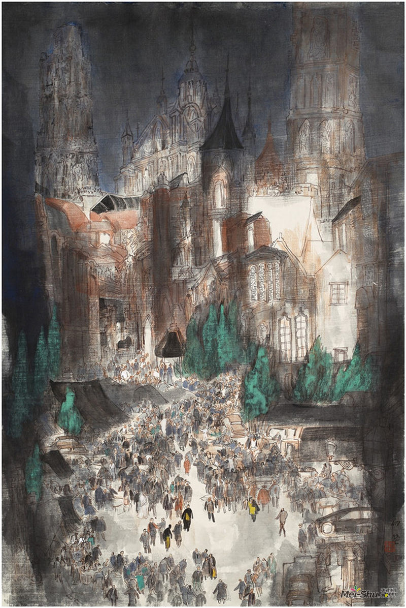 李劲堃《欧洲写生之六》，绢本重彩，93x62cm，2015年