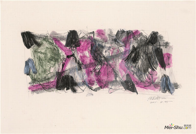 《山水赋之十四》75x46.5cm ，2015年，卡纸上色粉笔、水彩、铅笔及蜡纸拼贴等