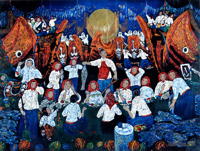 渔家乐作者：梁金城、林提升创作年代：2016规格：60×80cm品类：漆画