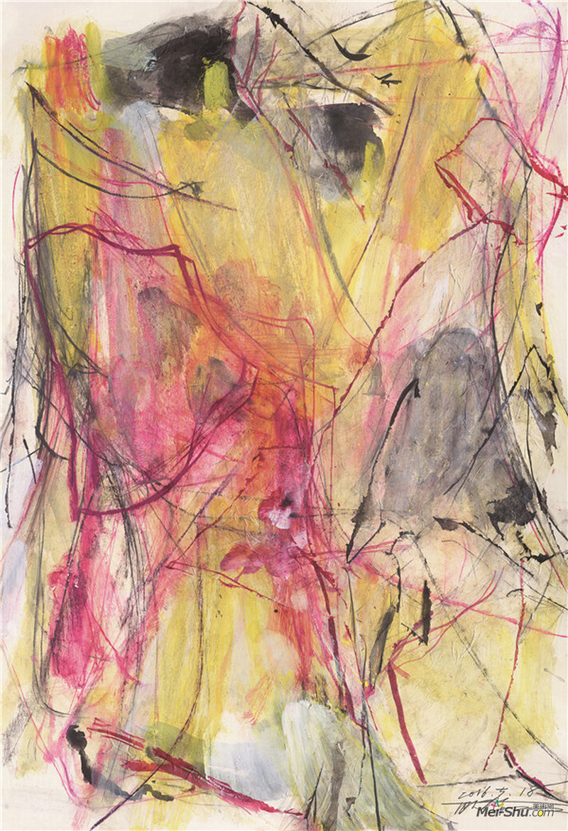 山水赋NO.21 75×46.5cm 卡纸上色粉、水彩、铅笔及蜡纸拼贴等 2016年