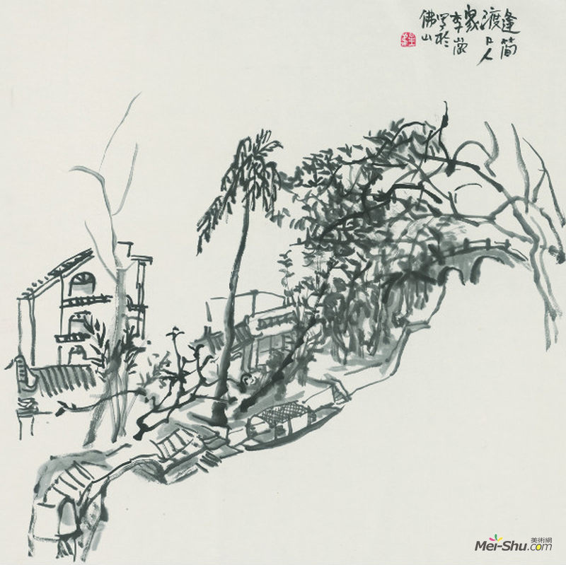 李岗 逢简渡口人家 2016年 68x68 纸本水墨