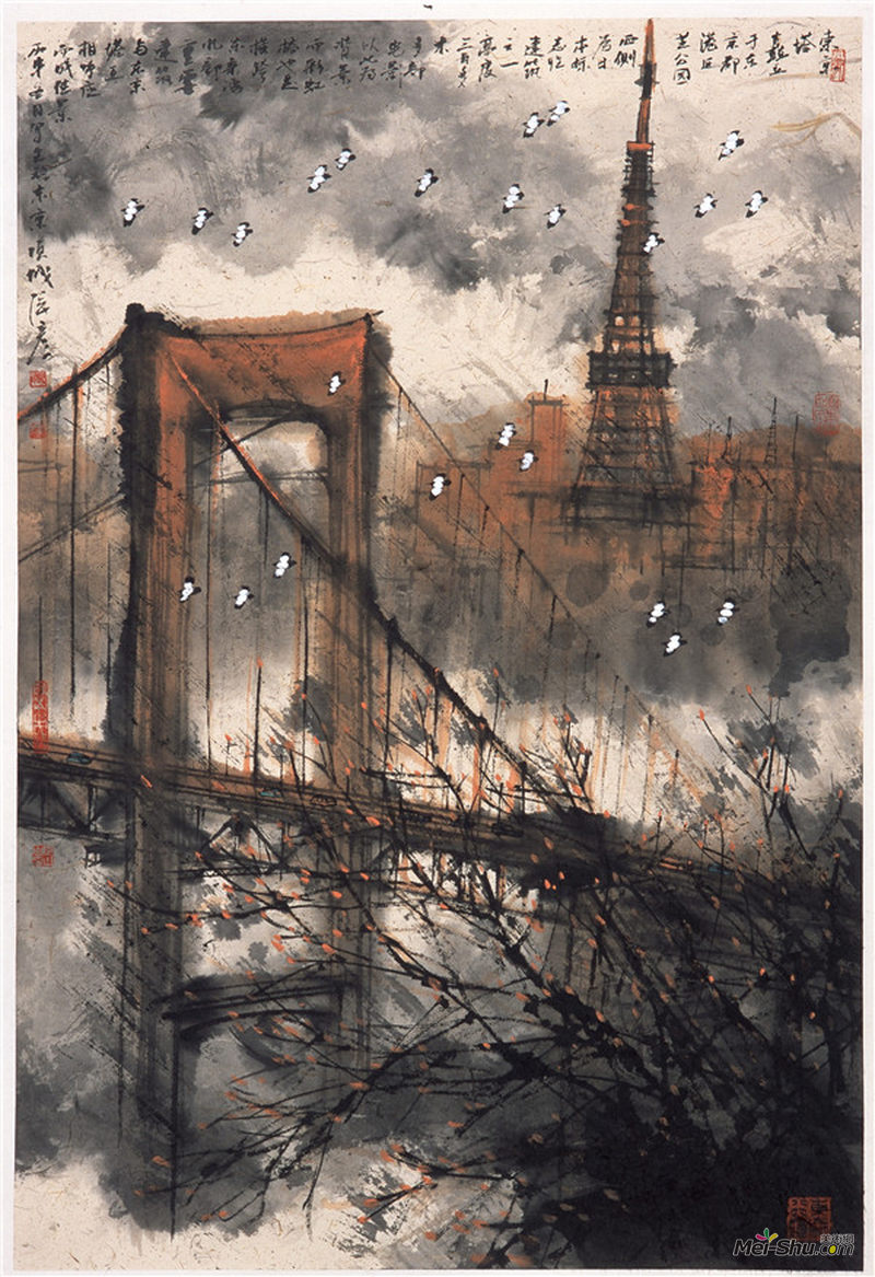 张彦《东京塔》，纸本设色，68×46cm，2016年