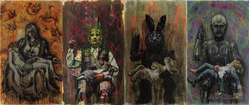 《如何向死去的解释所发生的》 布面丙烯 300×180cm×4 整体尺寸：300×720cm 2017年