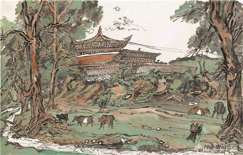 范扬 然多村口 48cm×75cm 纸本设色 2017年