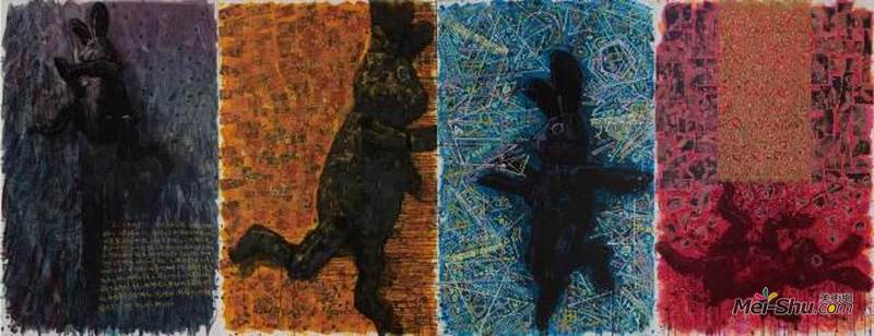 《黑兔还在跑》布面油画 230×150cm×4 整体尺寸：230×600cm 2017年