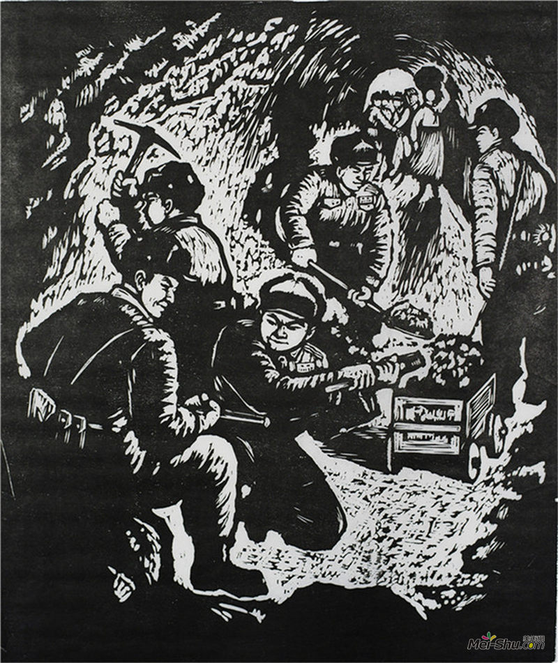 3安正中 《地下长城我们开》52.5×43.5cm 1976年 黑白木刻_副本_副本