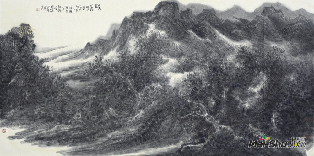《山恋朦胧烟雨中》240×124CM水墨纸本2012年