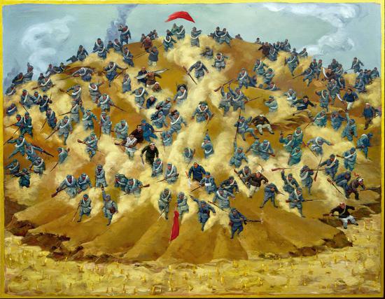 2009年《我想象中的战斗》，195x250cm布面油画，贺丹作品