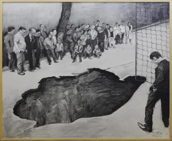 2017年《地陷》， 185×225 cm布面素描，贺丹