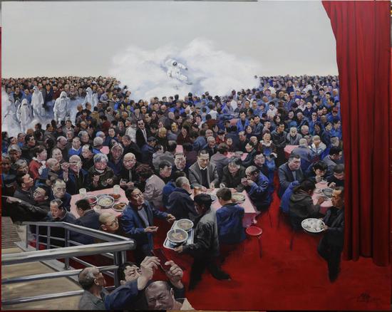 2016年《现实生活》，200x250cm布面油画，贺丹