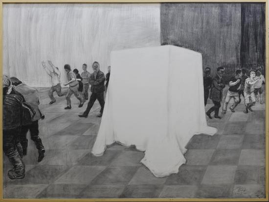 2017年《魔术》，150×200cm 布面素描，贺丹