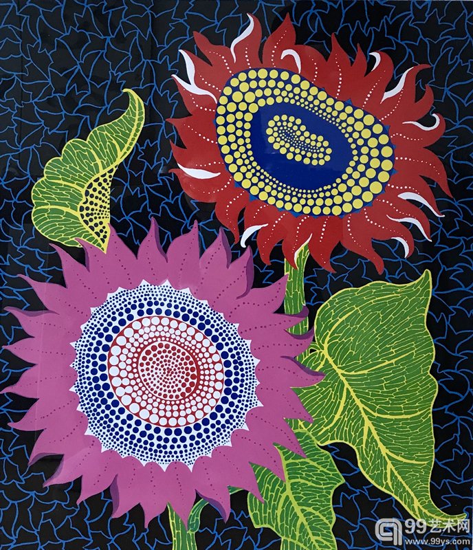 名称:向日葵作者:草间弥生材质:丝网版画年代:1989尺寸:52.8x45.4 cm?